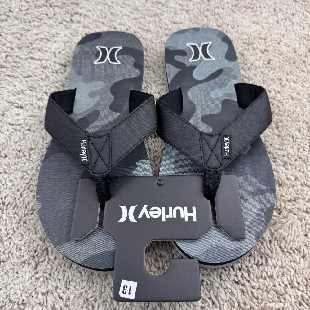 Hurley Layback Flip Flops Sandals Gray Camo Men 13 Beach Pool Comfort Slides NWT